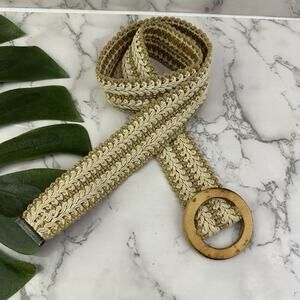 Womens Vintage 90s Woven Belt Size S Cream Tan Wood D Ring Buckle Boho